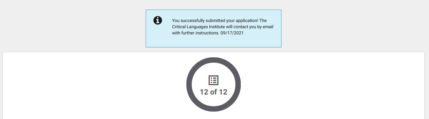 Screenshot of application website showing a submitted application