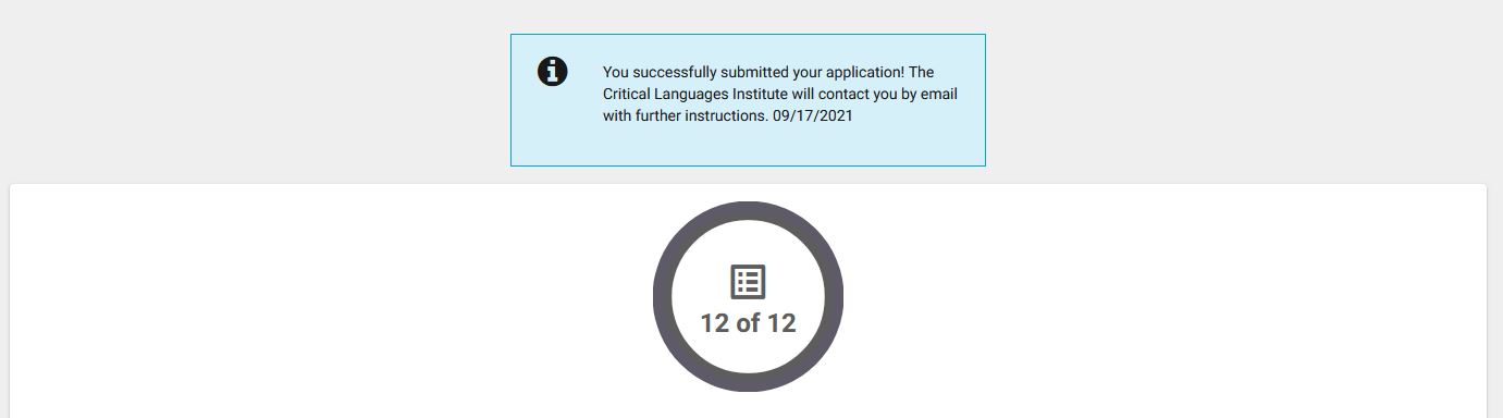 Screenshot of application website showing a submitted application