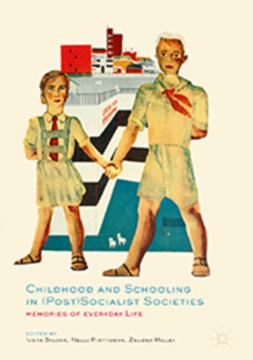 Two children holding hands in front of a building with a red star and geometric patterns.