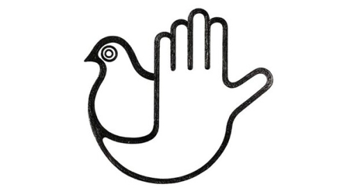 Black outline art of a bird with a hand where the tail should be, against a white background.
