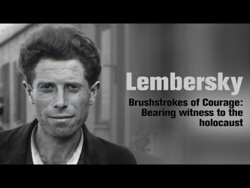 Black and white image of a man next to text about Lembersky and the Holocaust.