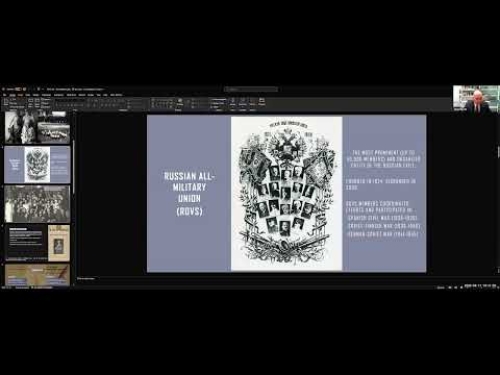 Presentation slide titled "Russian All-Military Union (ROVS)" with historical photographs and an online video call participant.