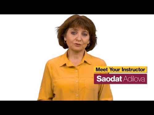 Woman in yellow shirt stands against white background. Text reads "Meet Your Instructor Saodat Adilova."