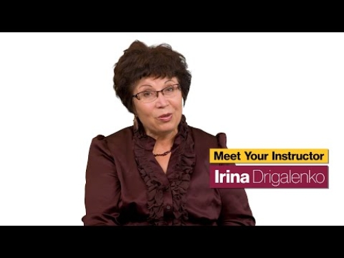A person with glasses and dark hair speaks, text reads: "Meet Your Instructor: Irina Drigalenko."