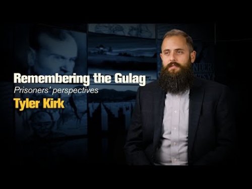 Man with a beard seated beside text reading "Remembering the Gulag: Prisoners’ perspectives, Tyler Kirk," on a dark background.