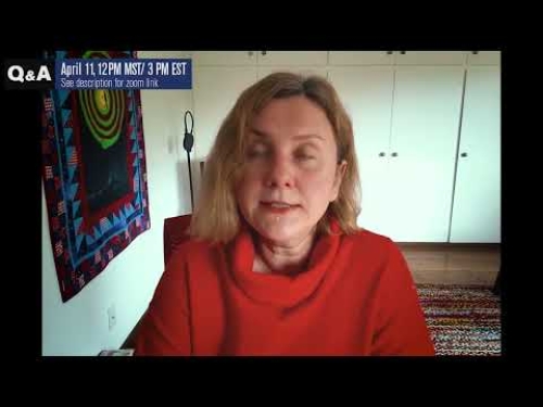 A woman in a red sweater sits in a room with white cabinets. Text reads "Q&A April 11."