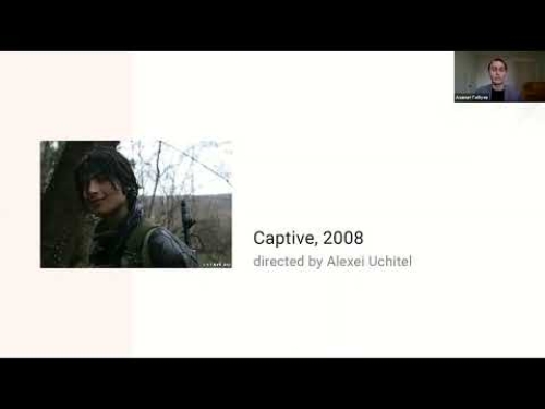 Image of a film presentation slide titled "Captive, 2008" directed by Alexei Uchitel with a smaller video call.